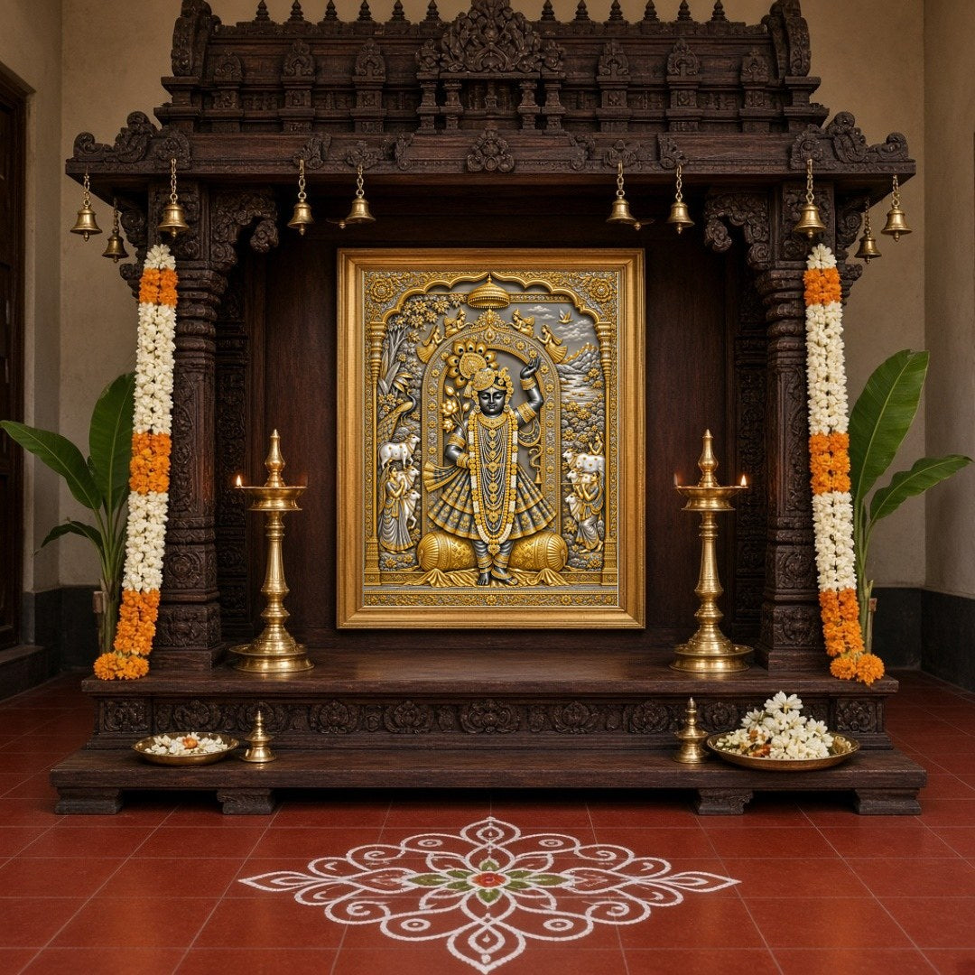 Immerse in the celestial beauty of this exquisite Pichwai wall art, featuring the divine presence for Home Temple