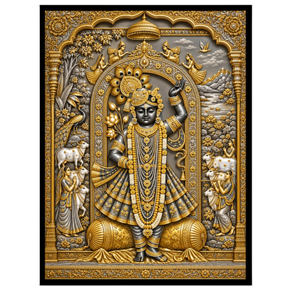 Immerse in the celestial beauty of this exquisite Pichwai wall art, featuring the divine presence for kitchen