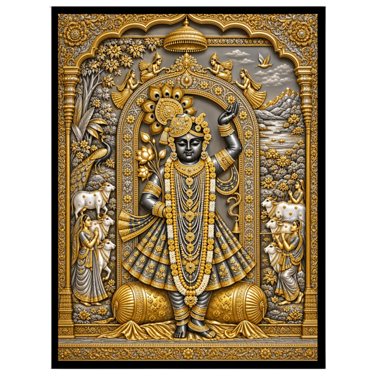Immerse in the celestial beauty of this exquisite Pichwai wall art, featuring the divine presence for kitchen