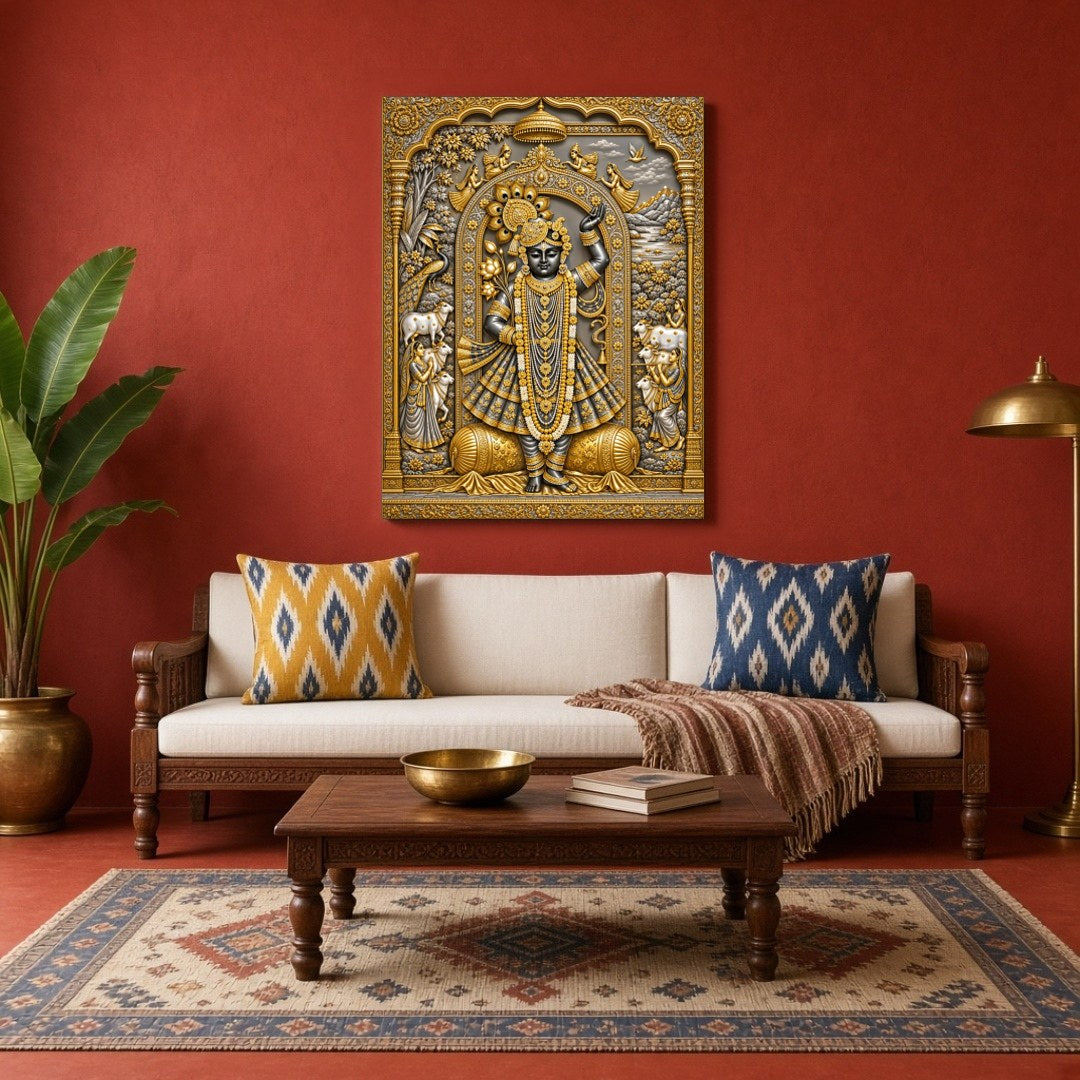 Immerse in the celestial beauty of this exquisite Pichwai wall art, featuring the divine presence for Living Room