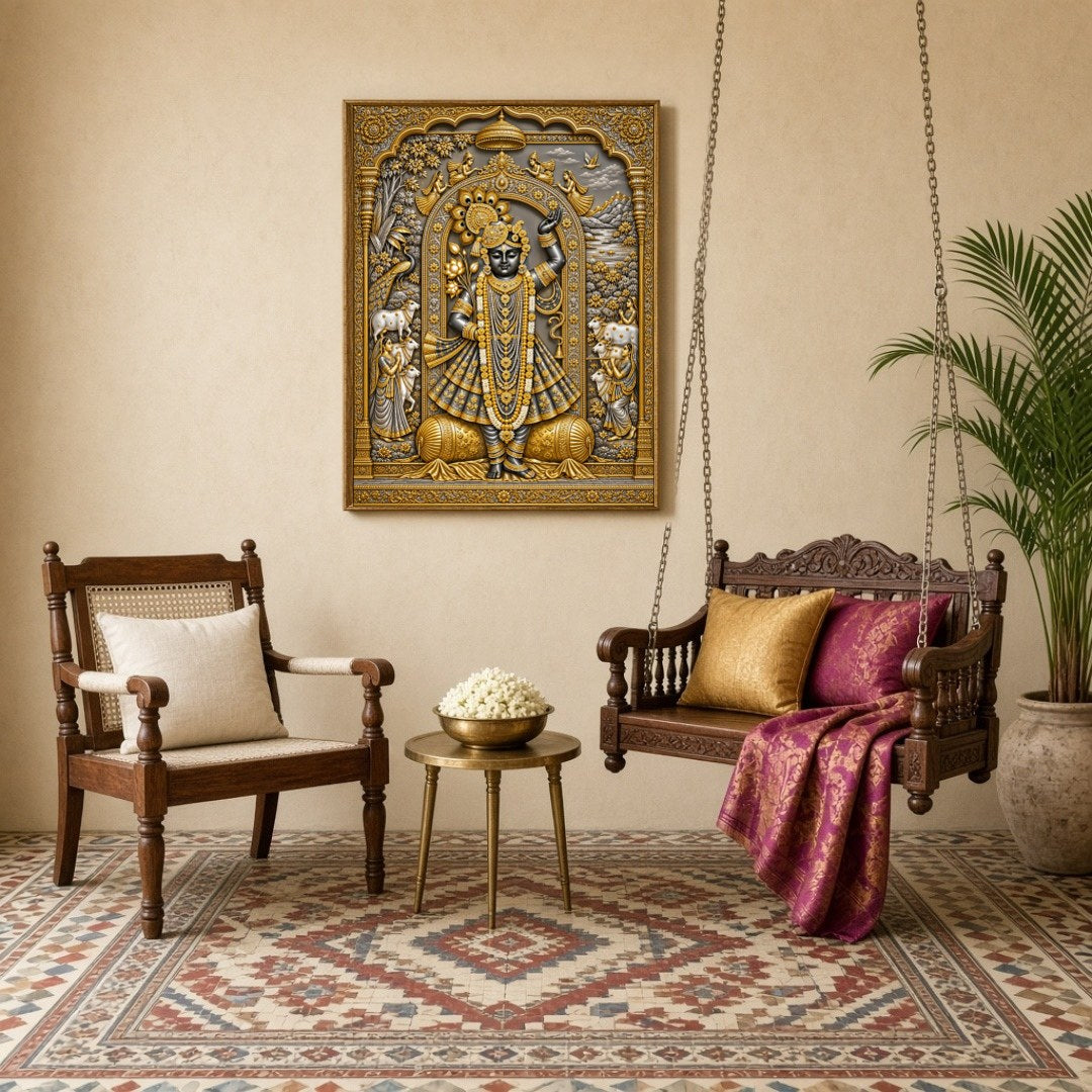 Immerse in the celestial beauty of this exquisite Pichwai wall art, featuring the divine presence for Sitting Lounge