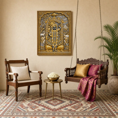 Immerse in the celestial beauty of this exquisite Pichwai wall art, featuring the divine presence for Sitting Lounge