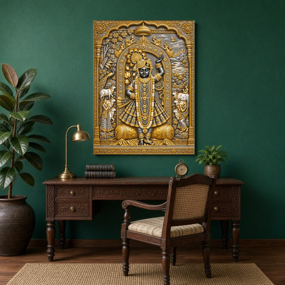Immerse in the celestial beauty of this exquisite Pichwai wall art, featuring the divine presence for Study