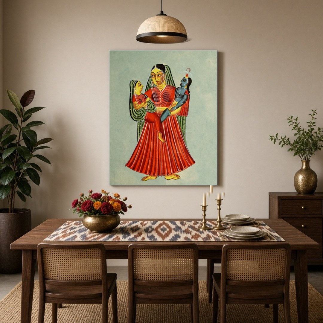 Experience the tender maternal love captured in this exquisite Kalighat painting. Yashoda, for Dining