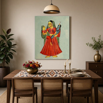 Experience the tender maternal love captured in this exquisite Kalighat painting. Yashoda, for Dining