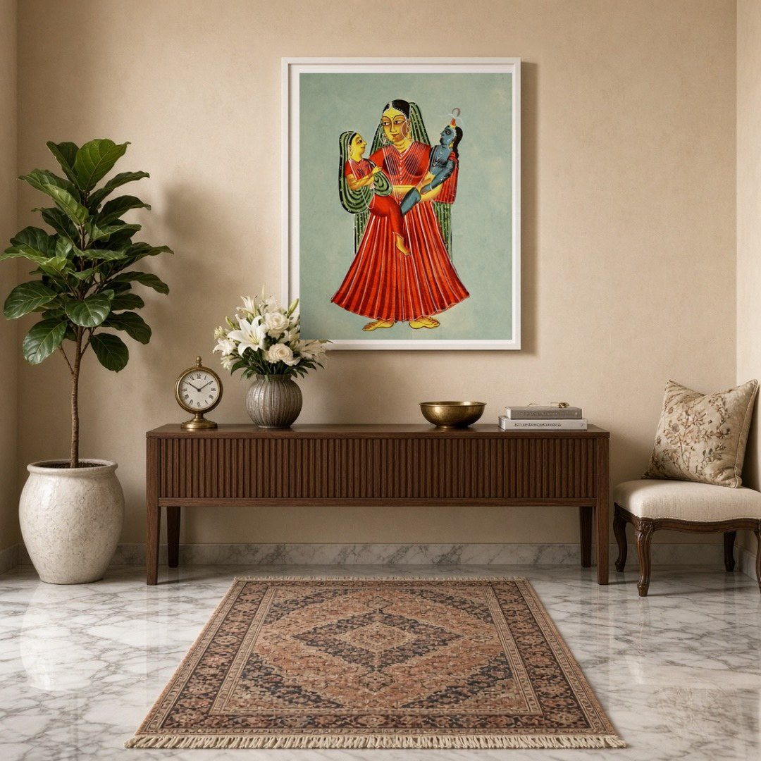 Experience the tender maternal love captured in this exquisite Kalighat painting. Yashoda, for Entrance