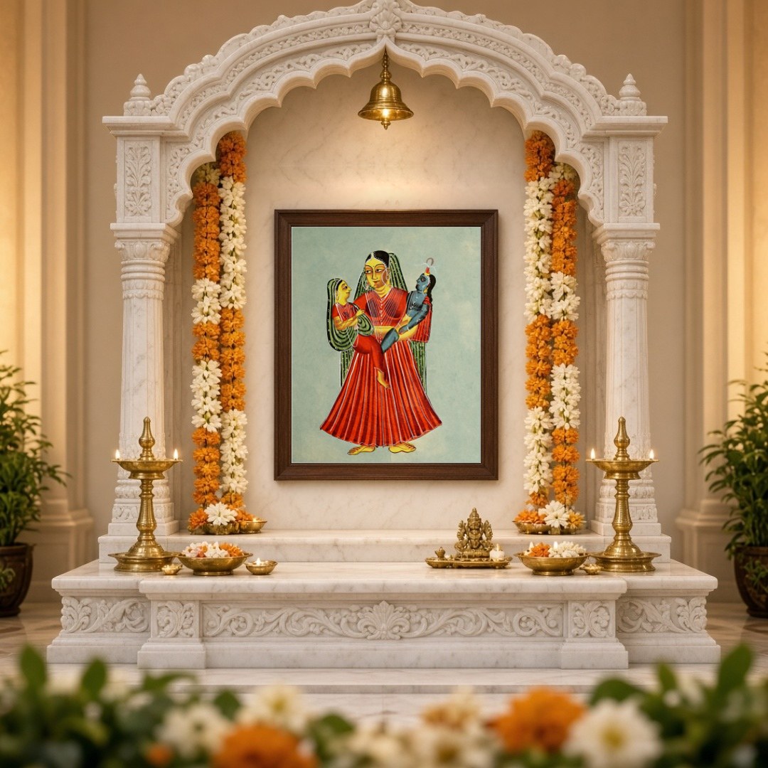 Experience the tender maternal love captured in this exquisite Kalighat painting. Yashoda, for Home Temple