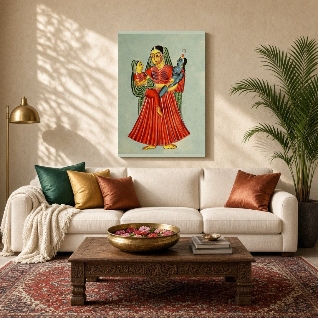 Experience the tender maternal love captured in this exquisite Kalighat painting. Yashoda, for Living Room