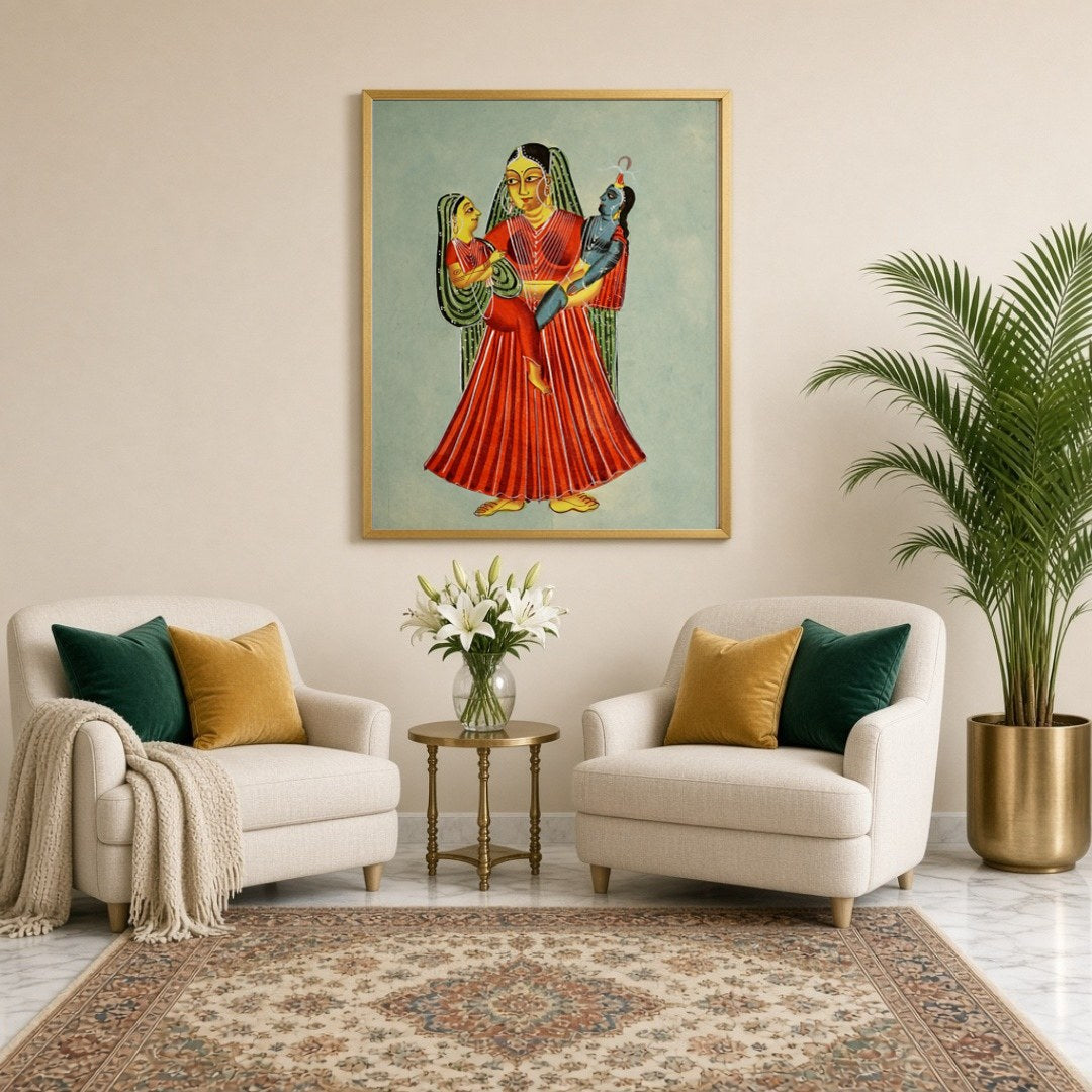 Experience the tender maternal love captured in this exquisite Kalighat painting. Yashoda, for Sitting Lounge