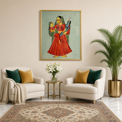Experience the tender maternal love captured in this exquisite Kalighat painting. Yashoda, for Sitting Lounge