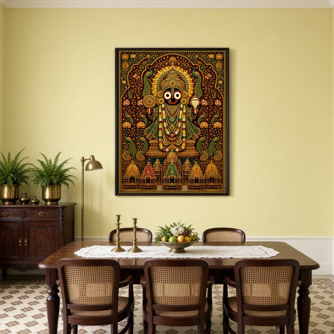Experience the mesmerizing beauty of Lord Jagannath depicted in this masterful Pattachitra artwork. for Dining