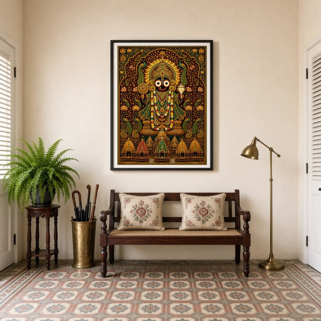 Experience the mesmerizing beauty of Lord Jagannath depicted in this masterful Pattachitra artwork. for Entrance