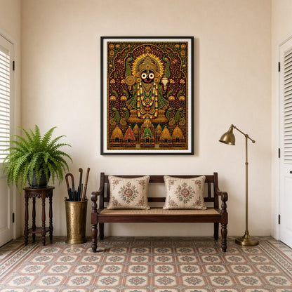 Experience the mesmerizing beauty of Lord Jagannath depicted in this masterful Pattachitra artwork. for Entrance