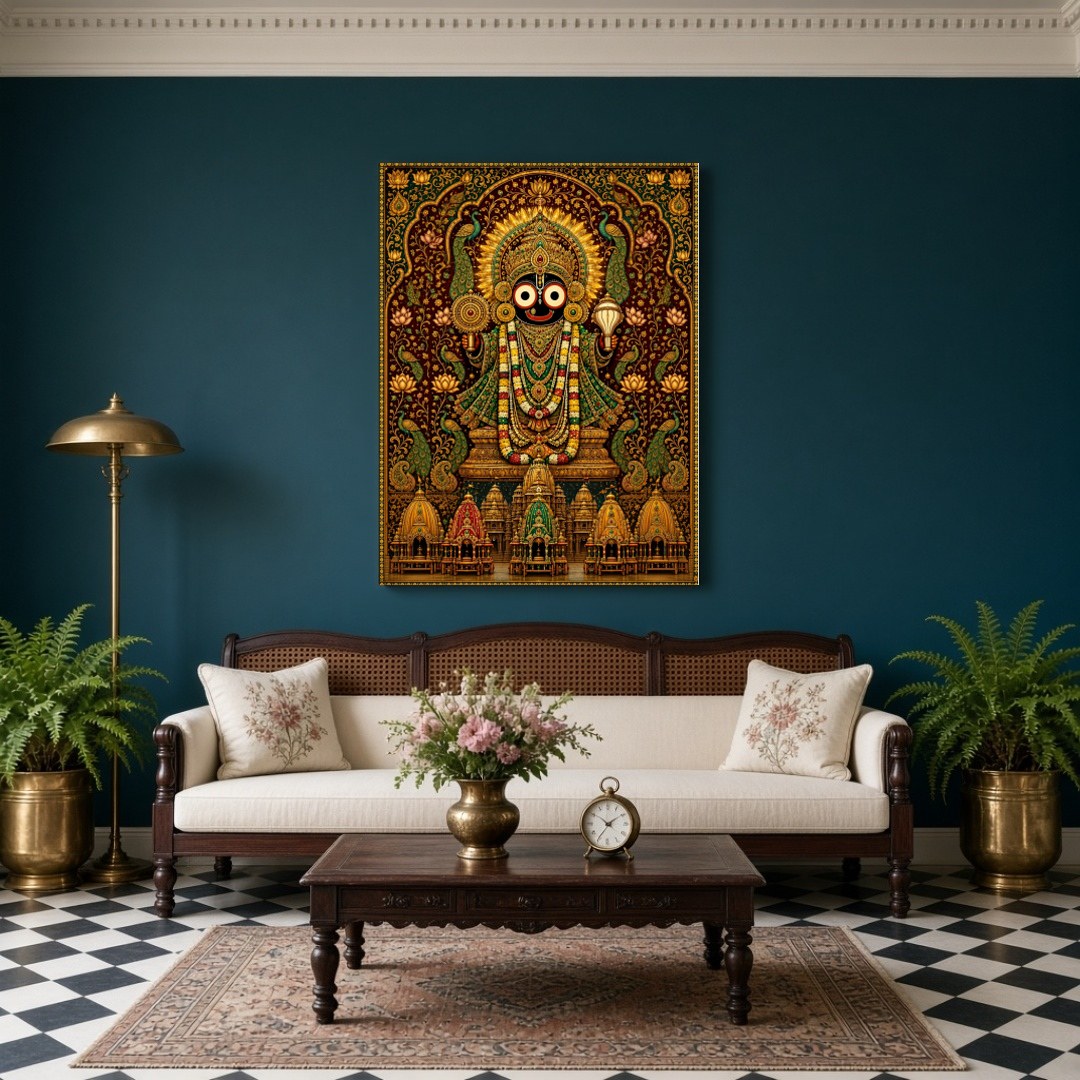 Experience the mesmerizing beauty of Lord Jagannath depicted in this masterful Pattachitra artwork. for Living Room