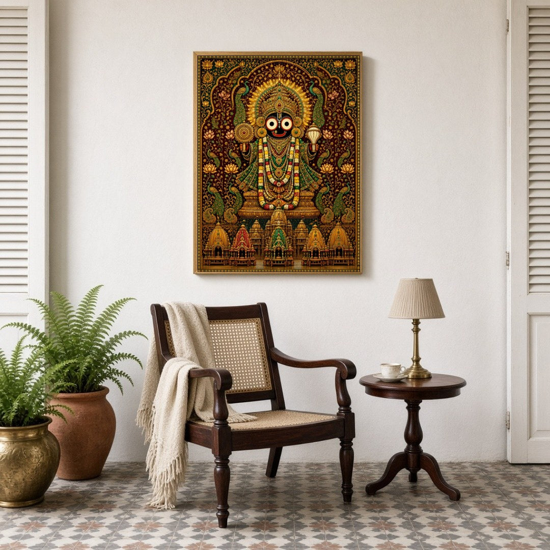 Experience the mesmerizing beauty of Lord Jagannath depicted in this masterful Pattachitra artwork. for Sitting Lounge