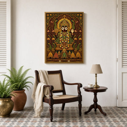 Experience the mesmerizing beauty of Lord Jagannath depicted in this masterful Pattachitra artwork. for Sitting Lounge