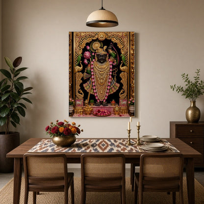 Immerse in the opulent splendor of Shrinathji, exquisitely framed by a rich golden border and for Dining