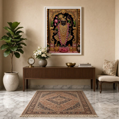 Immerse in the opulent splendor of Shrinathji, exquisitely framed by a rich golden border and for Entrance