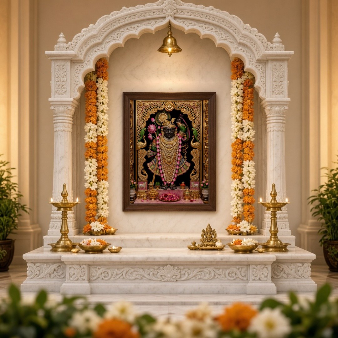 Immerse in the opulent splendor of Shrinathji, exquisitely framed by a rich golden border and for Home Temple