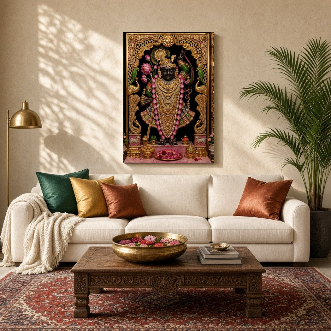 Immerse in the opulent splendor of Shrinathji, exquisitely framed by a rich golden border and for Living Room