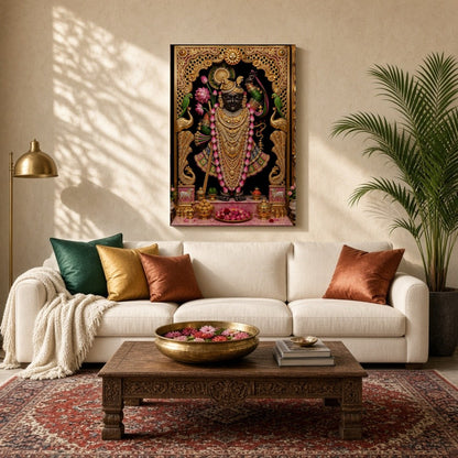 Immerse in the opulent splendor of Shrinathji, exquisitely framed by a rich golden border and for Living Room