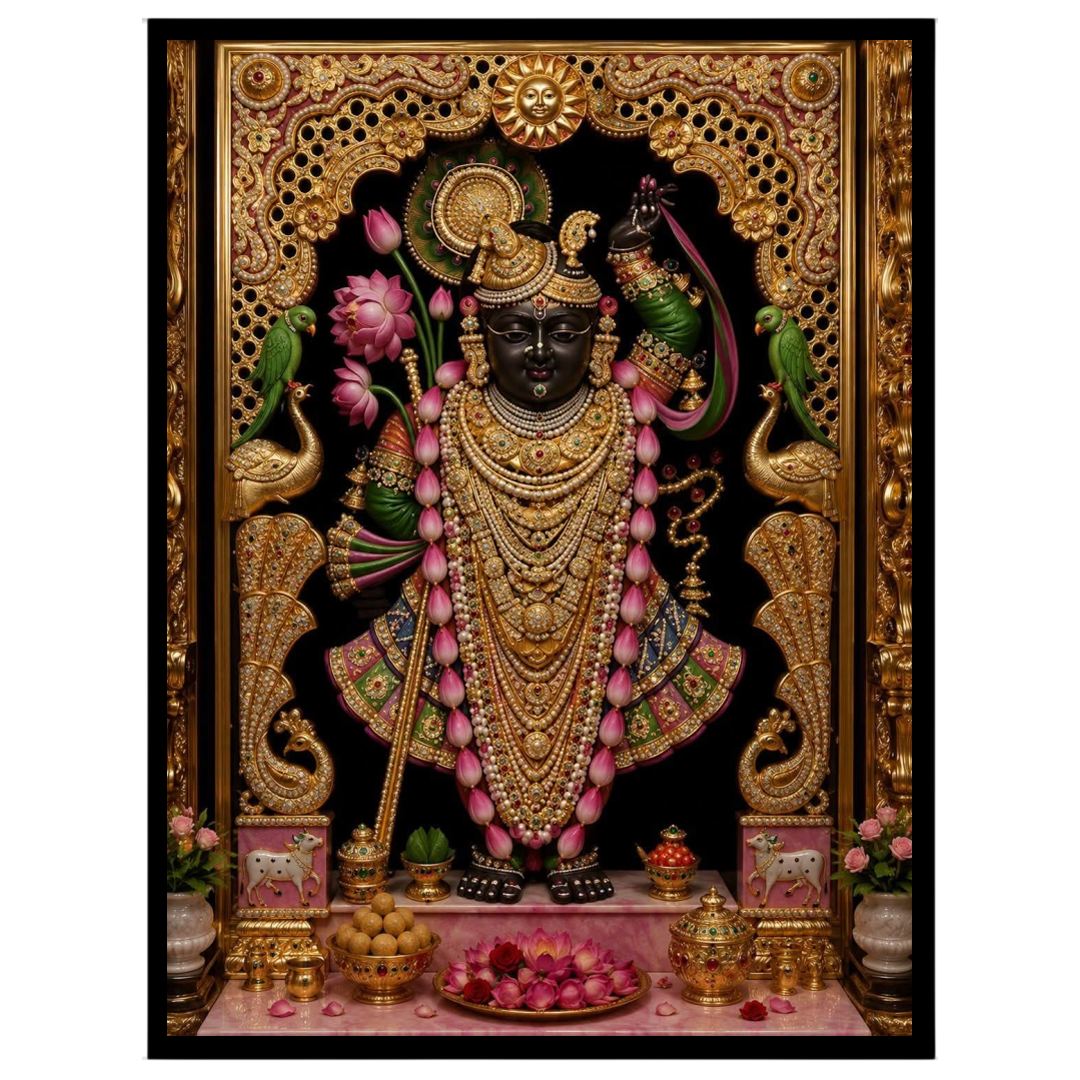 Immerse in the opulent splendor of Shrinathji, exquisitely framed by a rich golden border and for lovely-house