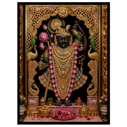 Immerse in the opulent splendor of Shrinathji, exquisitely framed by a rich golden border and for lovely-house