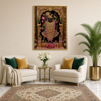 Immerse in the opulent splendor of Shrinathji, exquisitely framed by a rich golden border and for Sitting Lounge