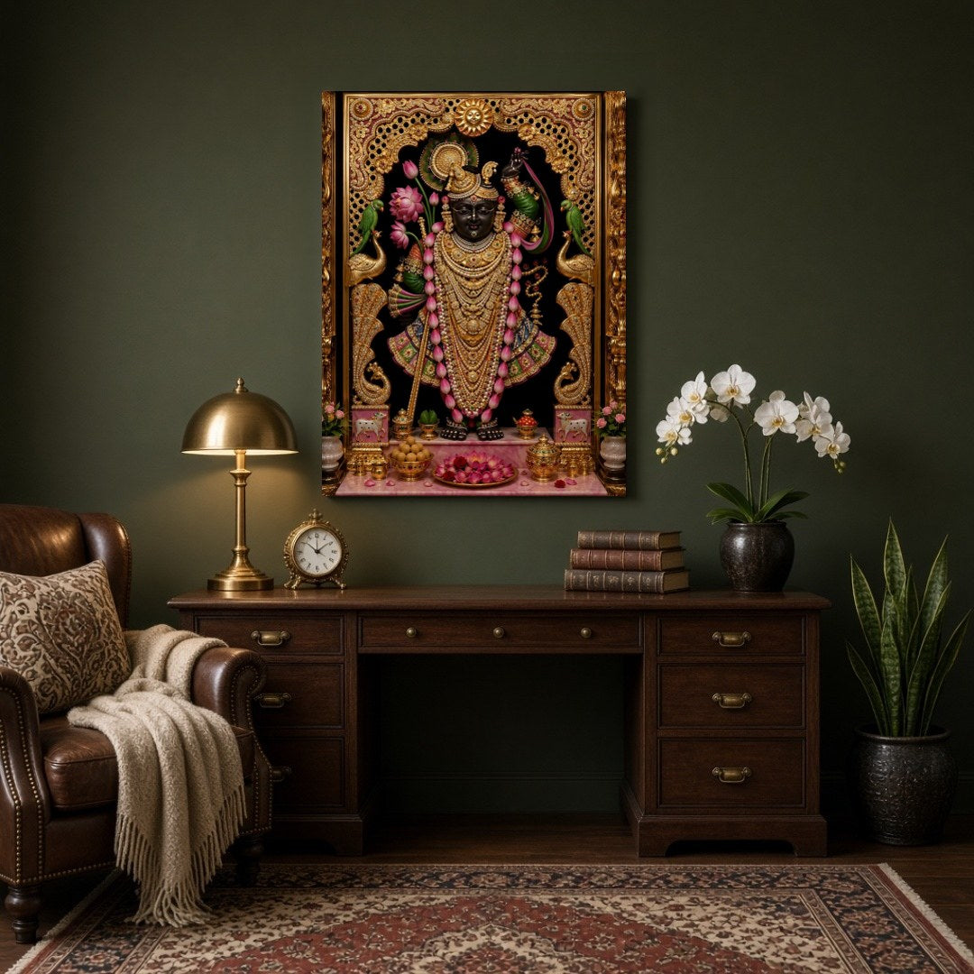Immerse in the opulent splendor of Shrinathji, exquisitely framed by a rich golden border and for Study