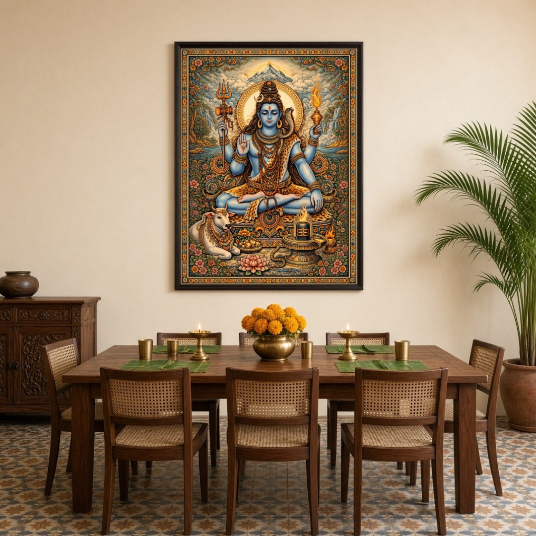 This exquisite artwork captures Lord Shiva in a serene meditative pose, surrounded by lush lotus for Dining