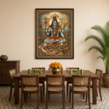 This exquisite artwork captures Lord Shiva in a serene meditative pose, surrounded by lush lotus for Dining