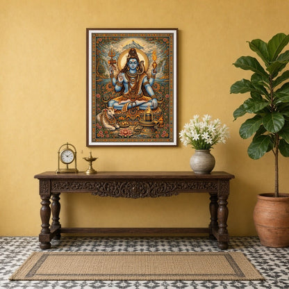 This exquisite artwork captures Lord Shiva in a serene meditative pose, surrounded by lush lotus for Entrance