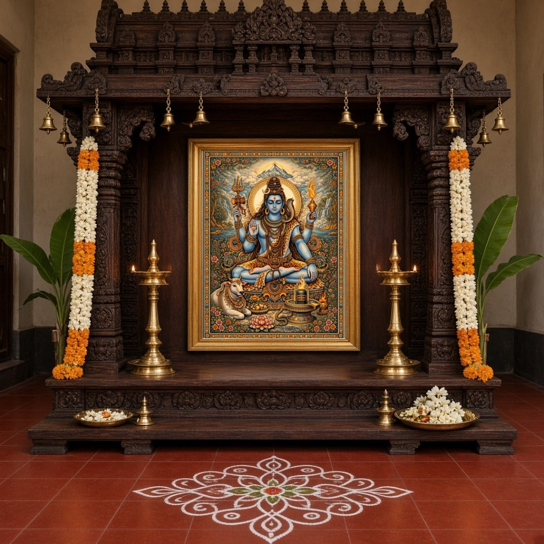 This exquisite artwork captures Lord Shiva in a serene meditative pose, surrounded by lush lotus for Home Temple