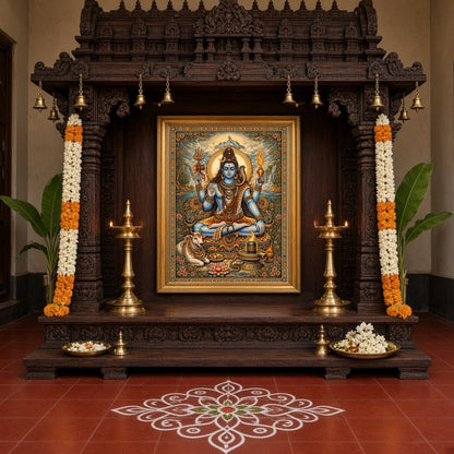 This exquisite artwork captures Lord Shiva in a serene meditative pose, surrounded by lush lotus for Home Temple
