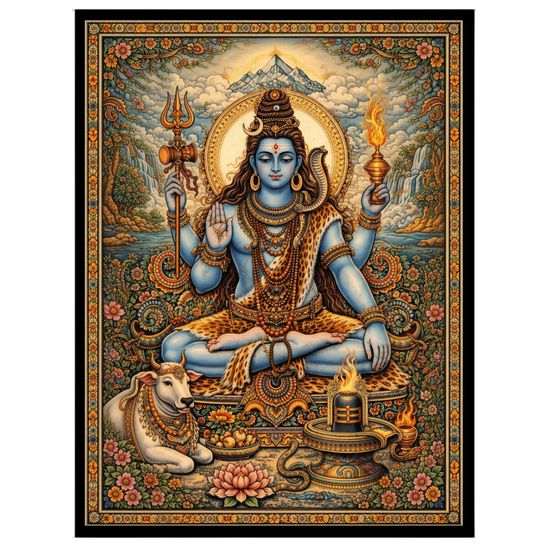This exquisite artwork captures Lord Shiva in a serene meditative pose, surrounded by lush lotus for kitchen