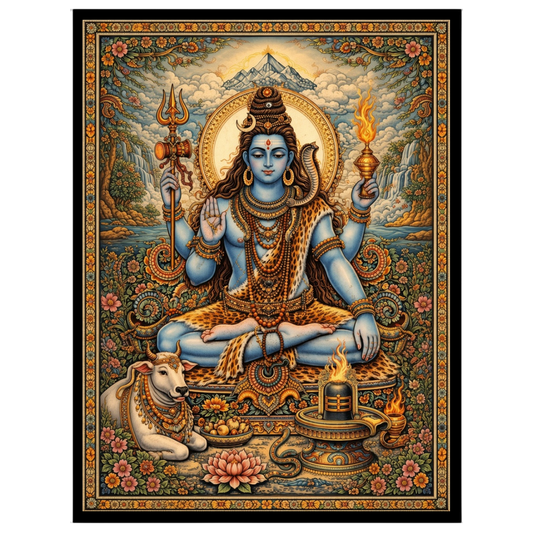This exquisite artwork captures Lord Shiva in a serene meditative pose, surrounded by lush lotus for kitchen