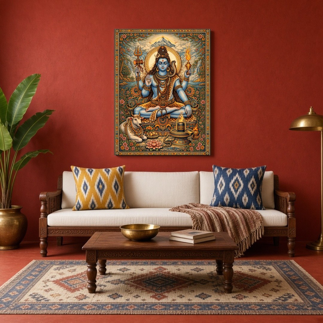 This exquisite artwork captures Lord Shiva in a serene meditative pose, surrounded by lush lotus for Living Room