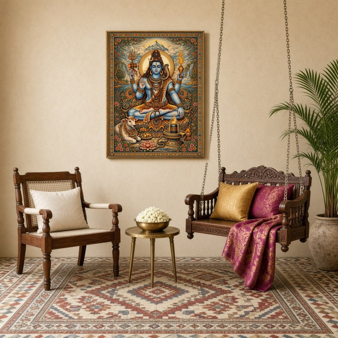 This exquisite artwork captures Lord Shiva in a serene meditative pose, surrounded by lush lotus for Sitting Lounge