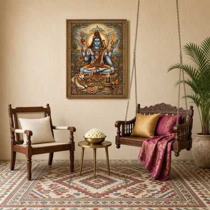 This exquisite artwork captures Lord Shiva in a serene meditative pose, surrounded by lush lotus for Sitting Lounge