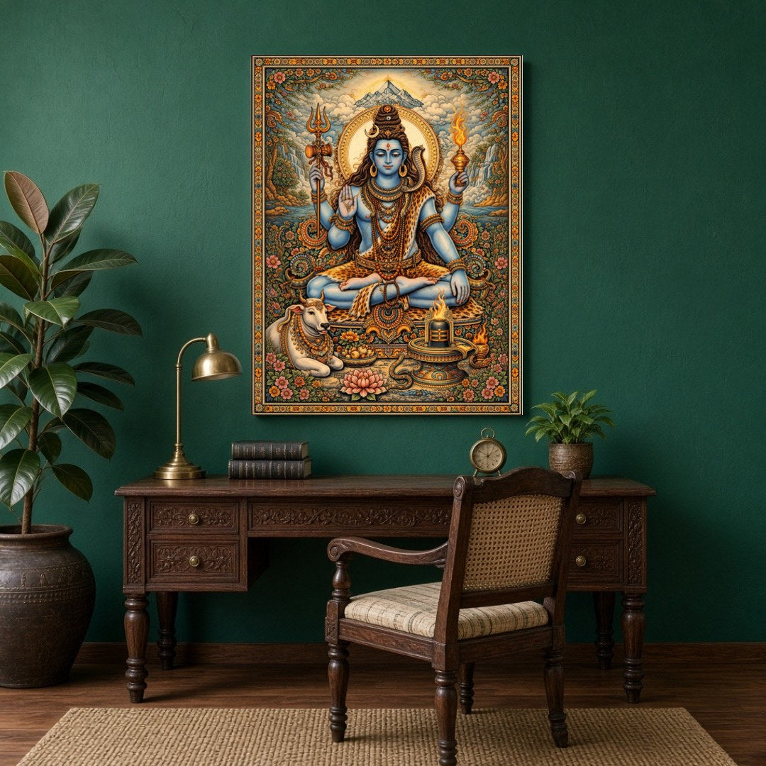 This exquisite artwork captures Lord Shiva in a serene meditative pose, surrounded by lush lotus for Study