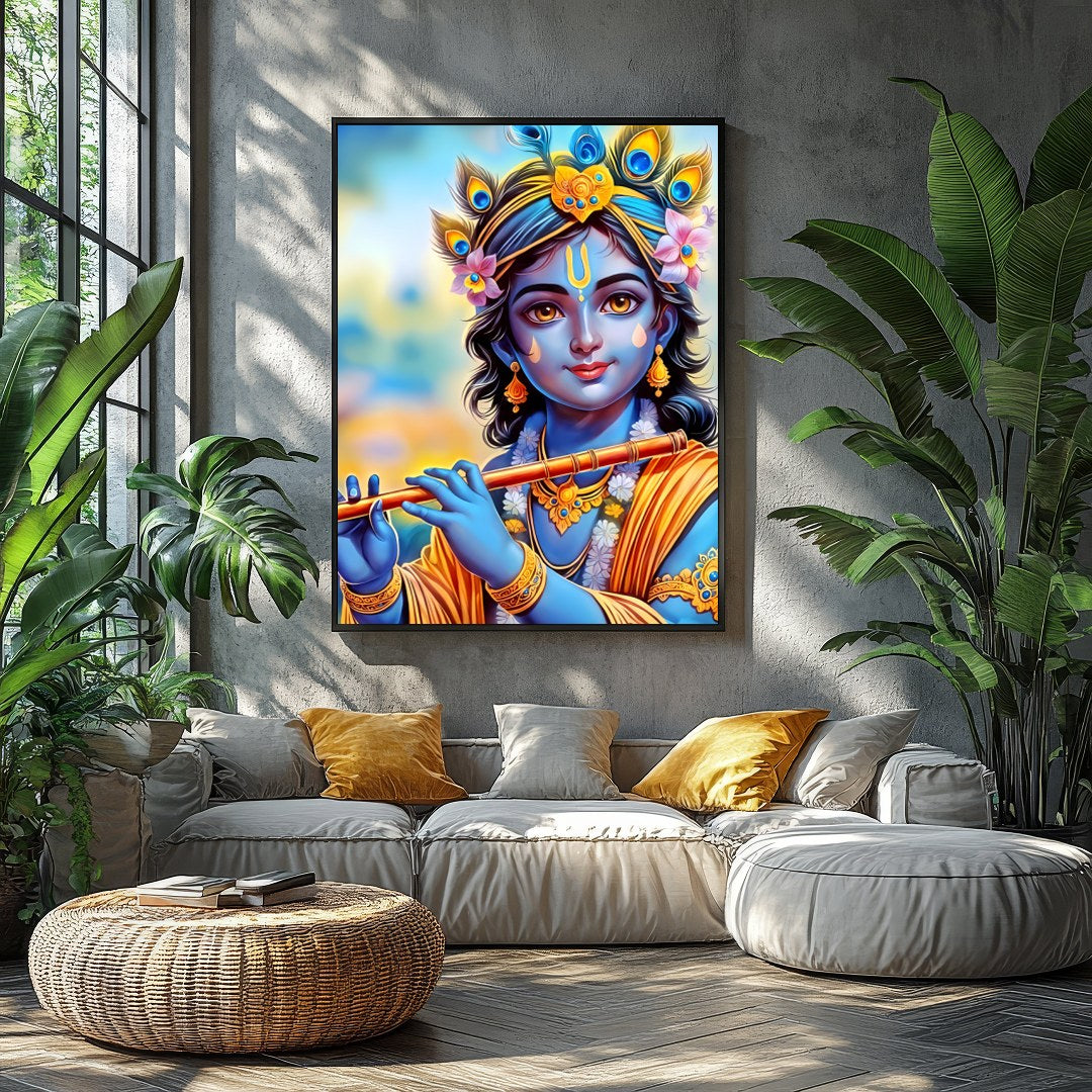 Immerse your space with this enchanting depiction of a divine figure playing the flute. The for Balcony