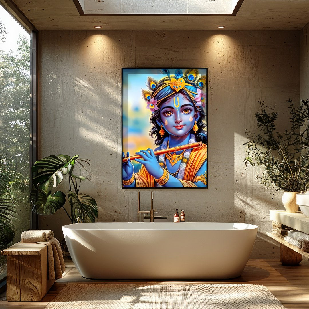 Immerse your space with this enchanting depiction of a divine figure playing the flute. The for Bathroom