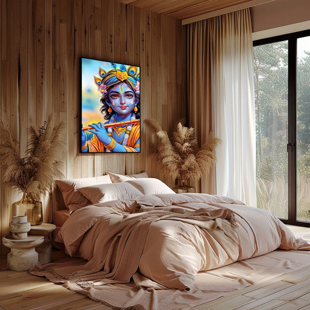 Immerse your space with this enchanting depiction of a divine figure playing the flute. The for Bedroom