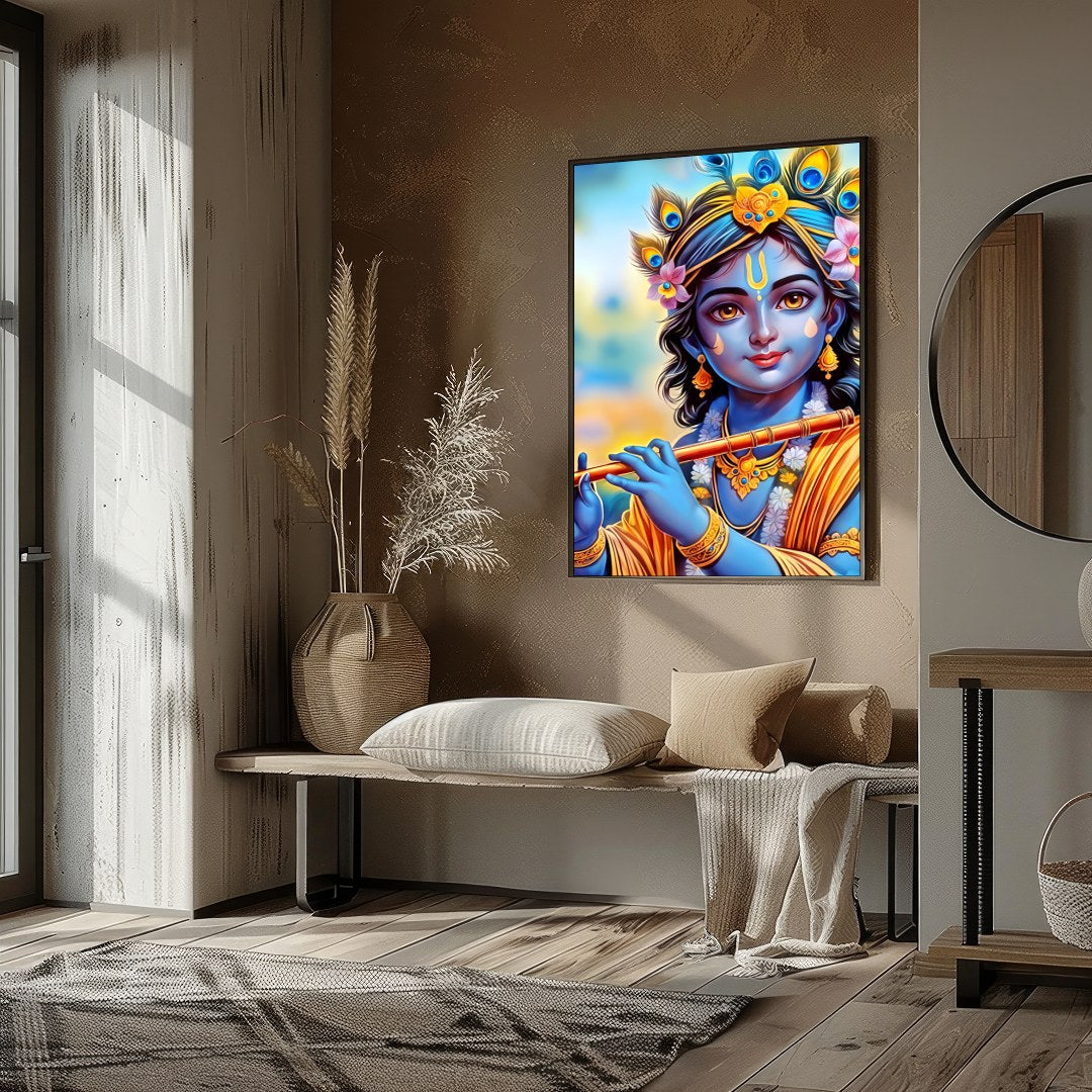 Immerse your space with this enchanting depiction of a divine figure playing the flute. The for gallery