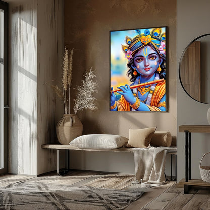 Immerse your space with this enchanting depiction of a divine figure playing the flute. The for gallery