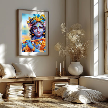 Immerse your space with this enchanting depiction of a divine figure playing the flute. The for office