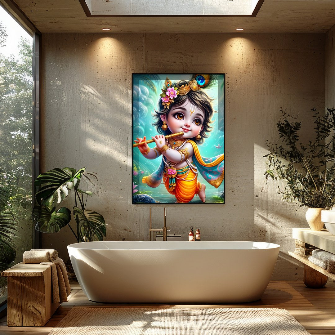 Add a touch of divine charm to your space with this enchanting artwork of a cherubic figure playing for Bathroom