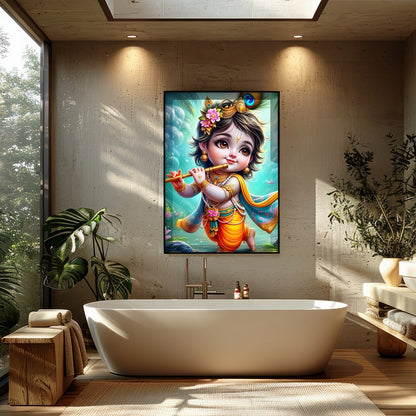 Add a touch of divine charm to your space with this enchanting artwork of a cherubic figure playing for Bathroom