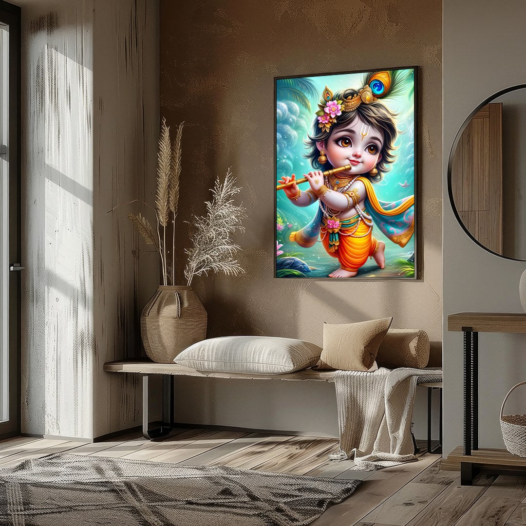 Add a touch of divine charm to your space with this enchanting artwork of a cherubic figure playing for decor
