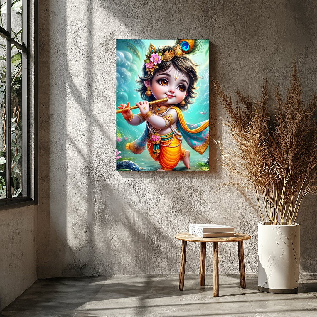 Add a touch of divine charm to your space with this enchanting artwork of a cherubic figure playing for Entrance